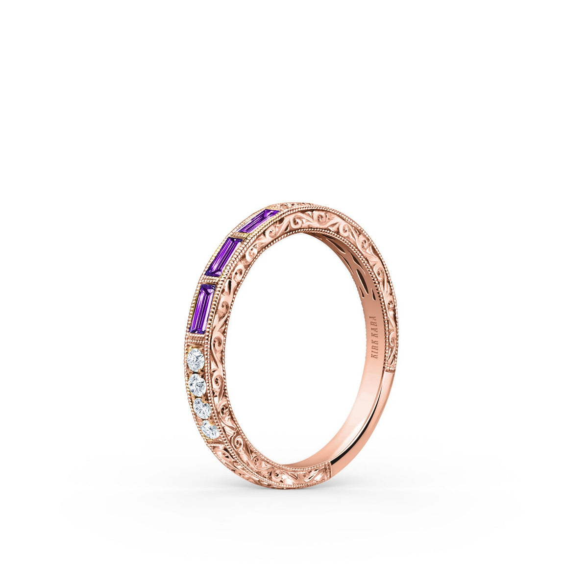 Baguette Engraved Amethyst Diamond Wedding Band