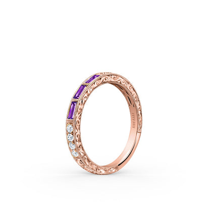 Baguette Engraved Amethyst Diamond Wedding Band