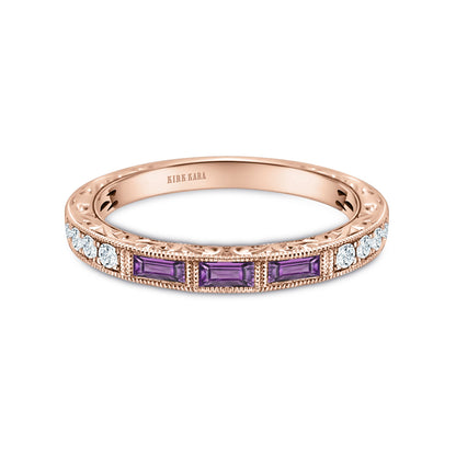 Baguette Engraved Amethyst Diamond Wedding Band