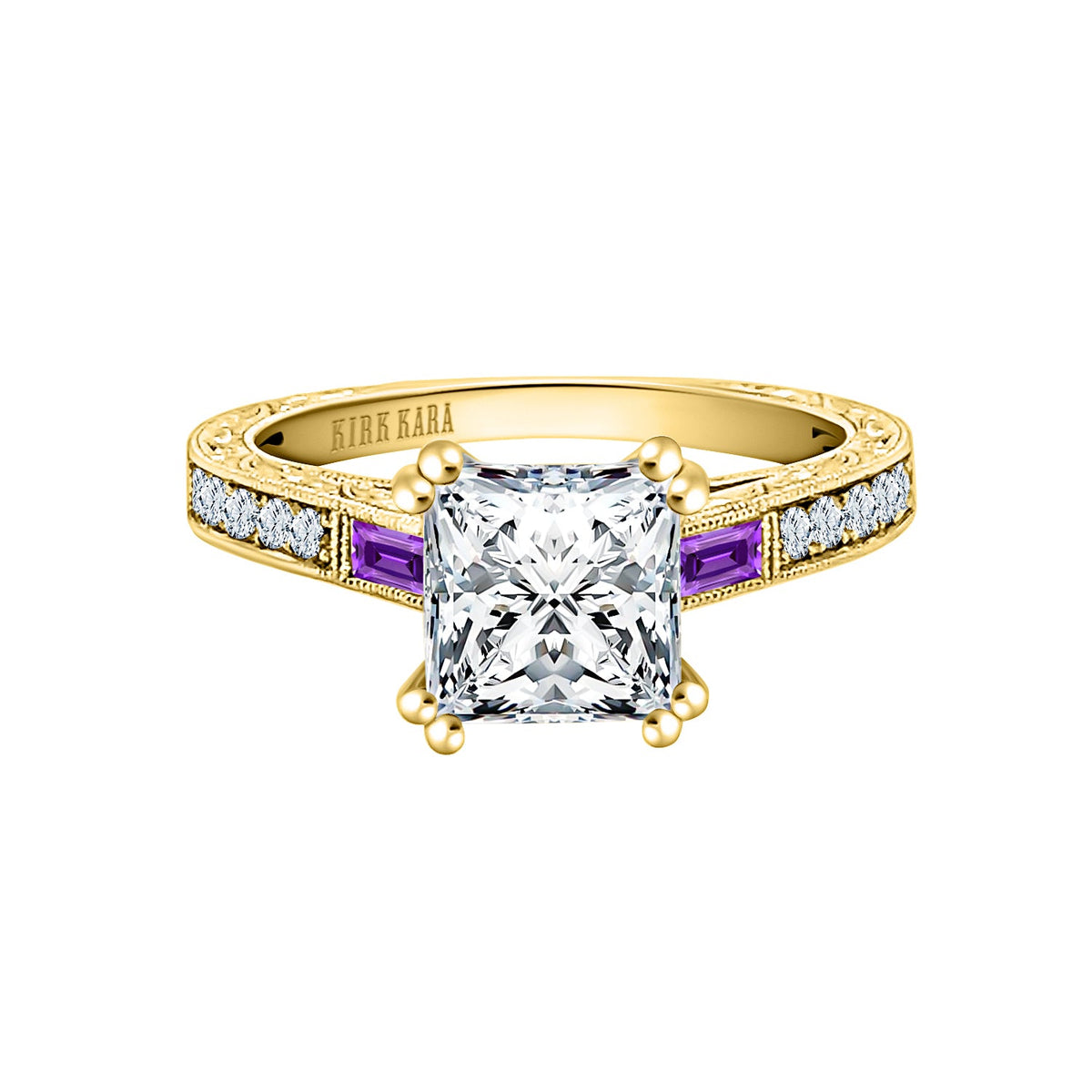 Baguette Engraved Amethyst Diamond Engagement Ring