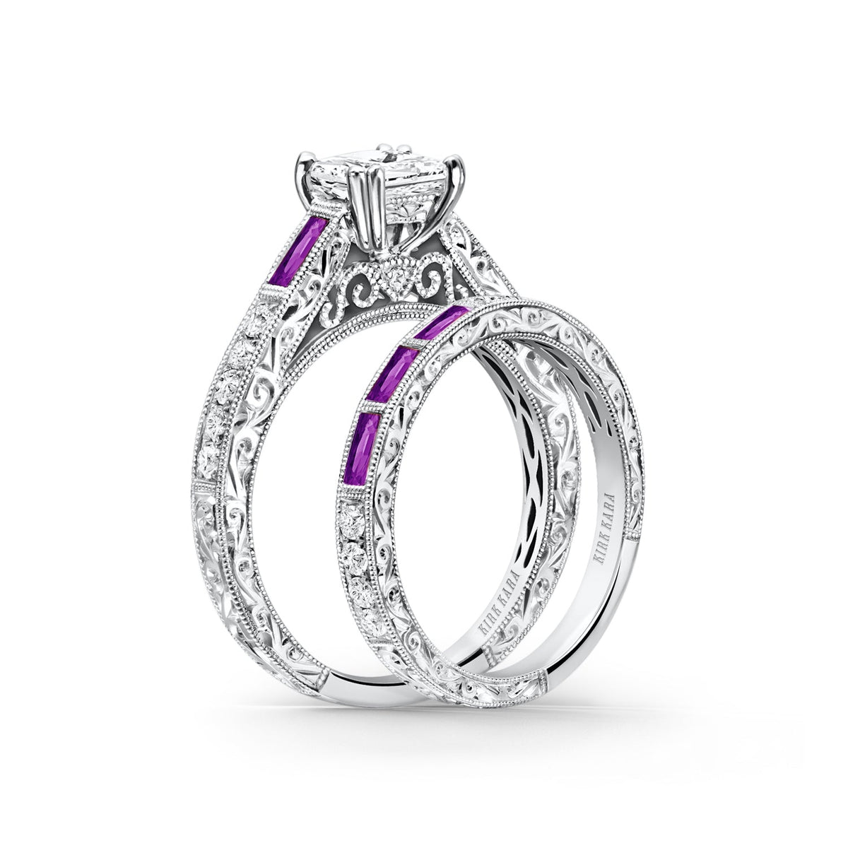 Baguette Engraved Amethyst Diamond Wedding Band