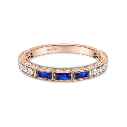 Baguette Engraved Blue Sapphire Diamond Wedding Band