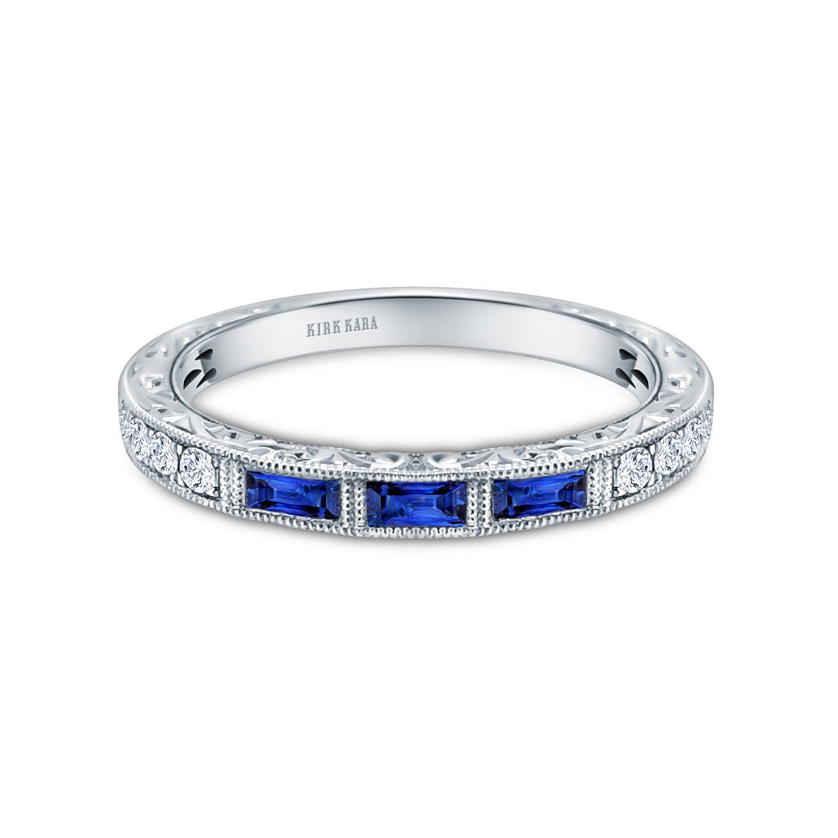 Baguette Engraved Blue Sapphire Diamond Wedding Band
