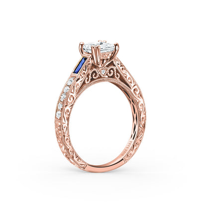 Baguette Engraved Blue Sapphire Diamond Engagement Ring
