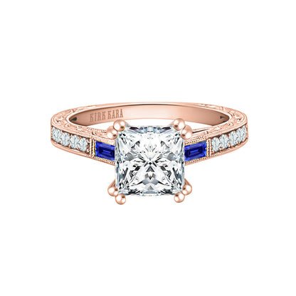 Baguette Engraved Blue Sapphire Diamond Engagement Ring