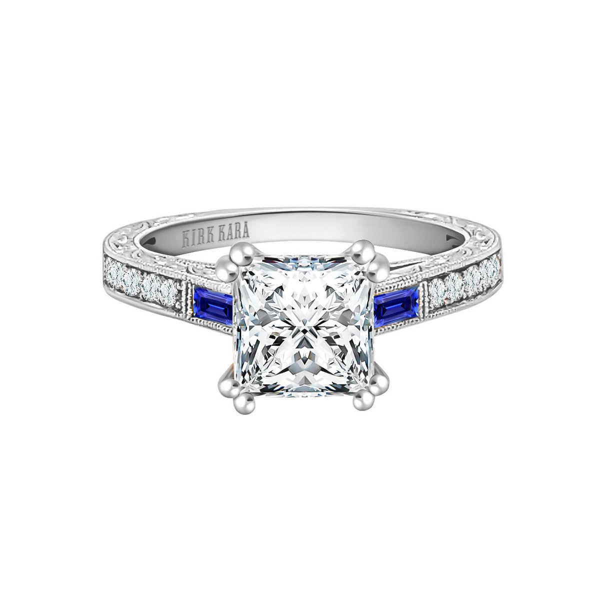 Baguette Engraved Blue Sapphire Diamond Engagement Ring