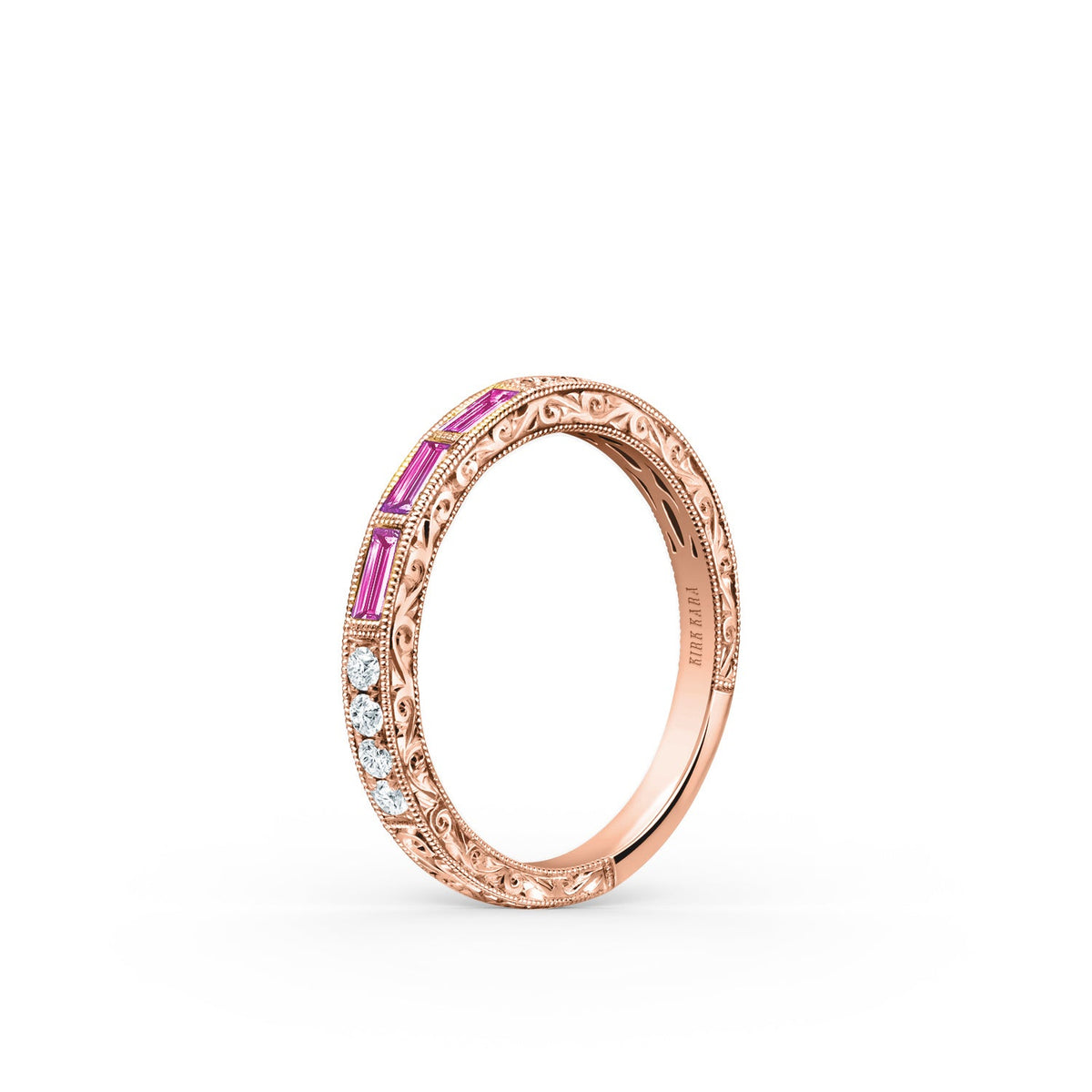 Baguette Engraved Pink Sapphire Diamond Wedding Band