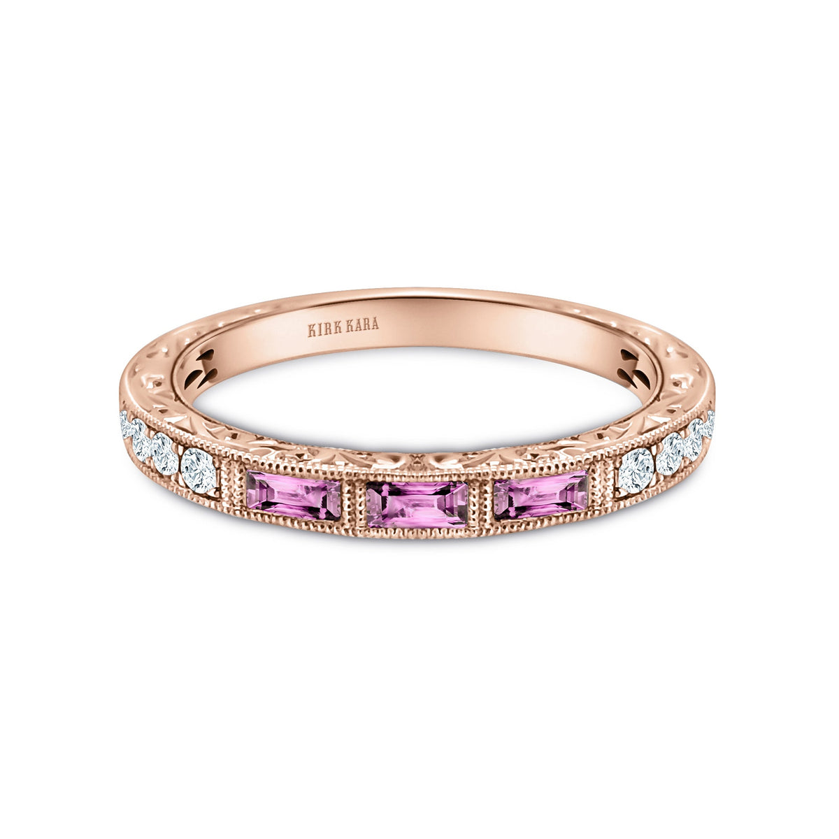 Baguette Engraved Pink Sapphire Diamond Wedding Band