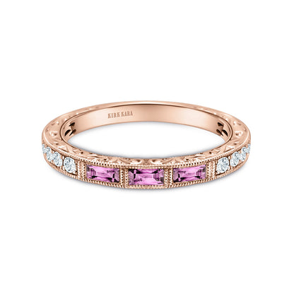Baguette Engraved Pink Sapphire Diamond Wedding Band