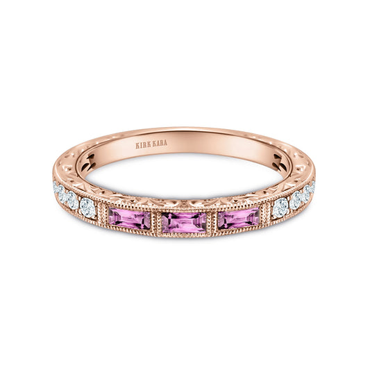 Baguette Engraved Pink Sapphire Diamond Wedding Band