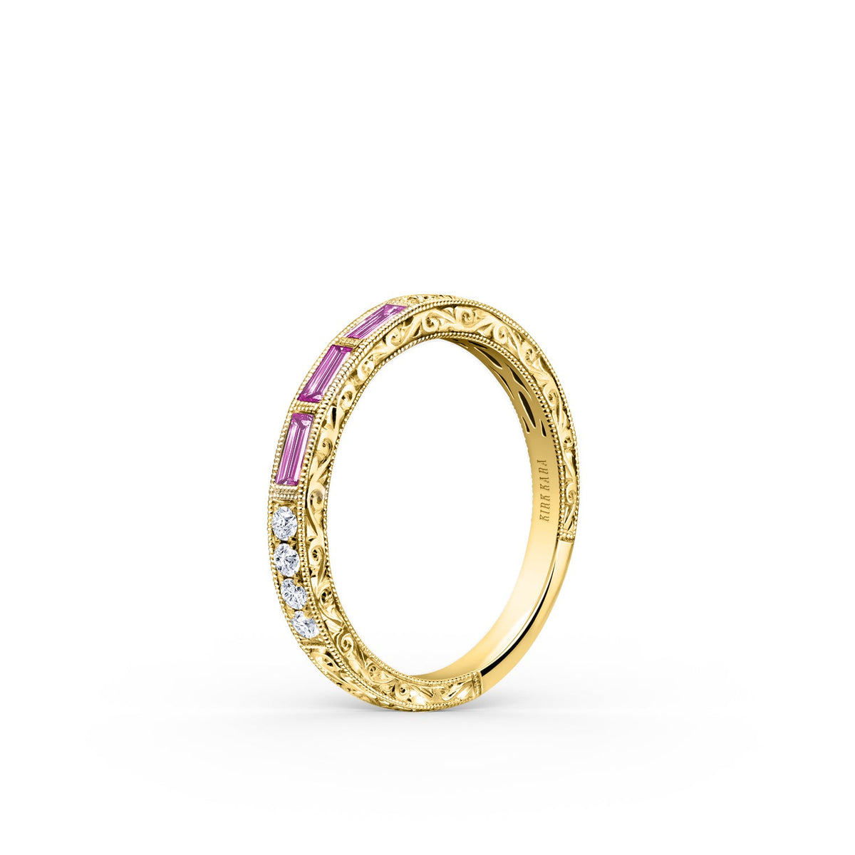 Baguette Engraved Pink Sapphire Diamond Wedding Band