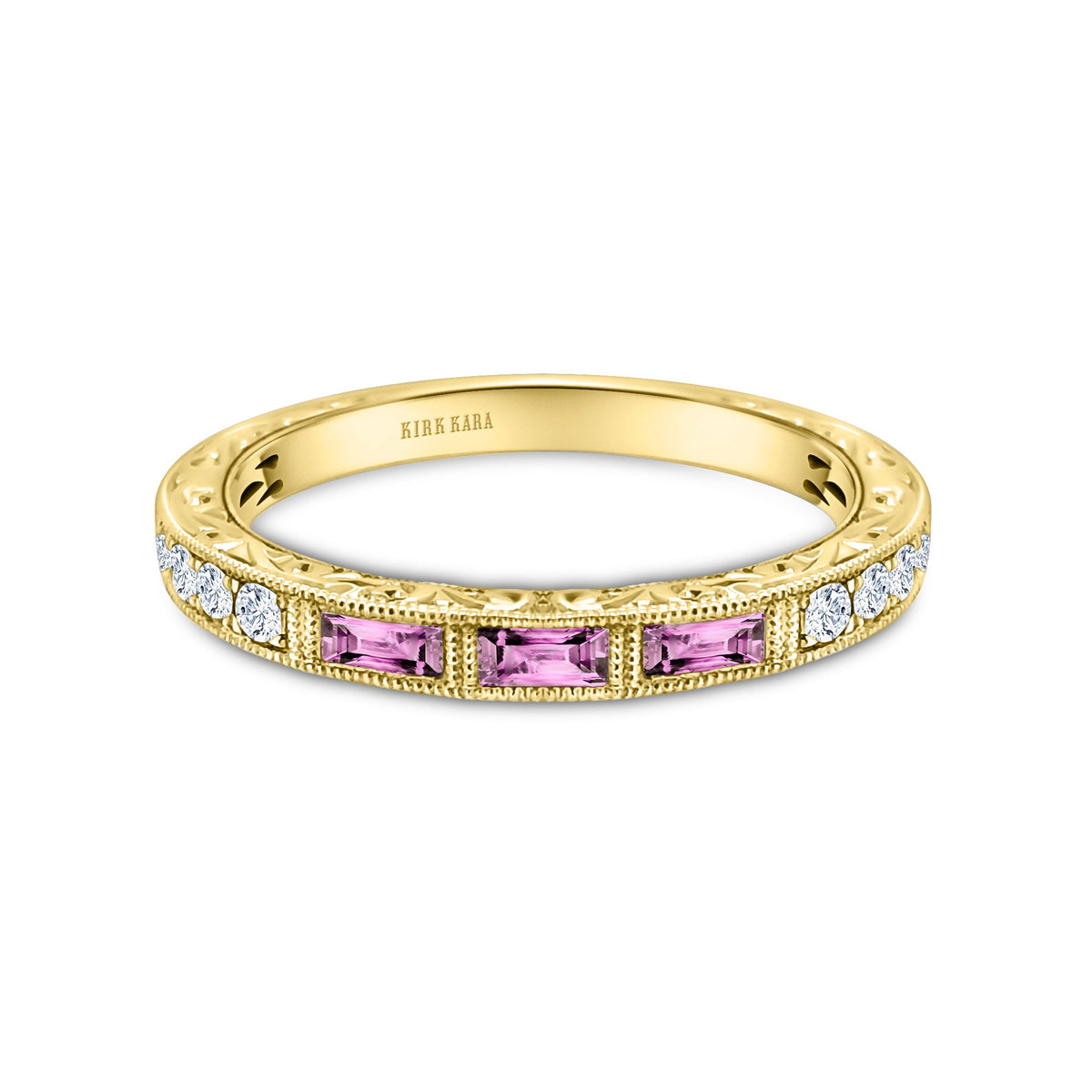 Baguette Engraved Pink Sapphire Diamond Wedding Band