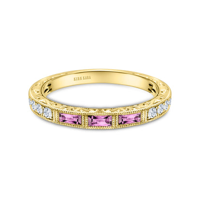 Baguette Engraved Pink Sapphire Diamond Wedding Band