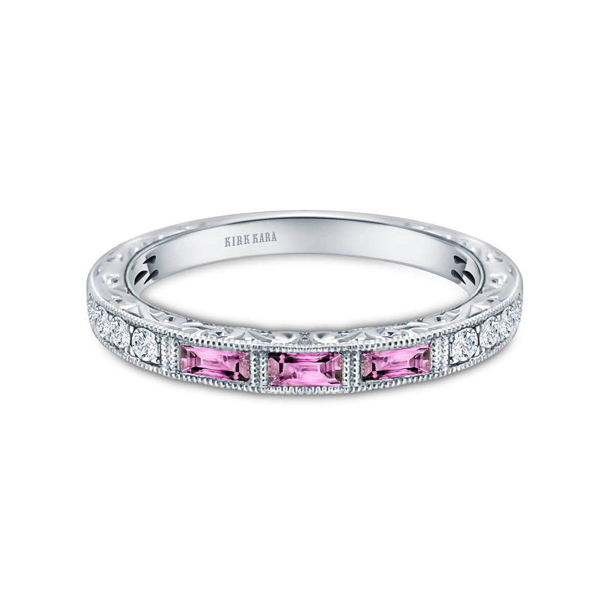 Baguette Engraved Pink Sapphire Diamond Wedding Band