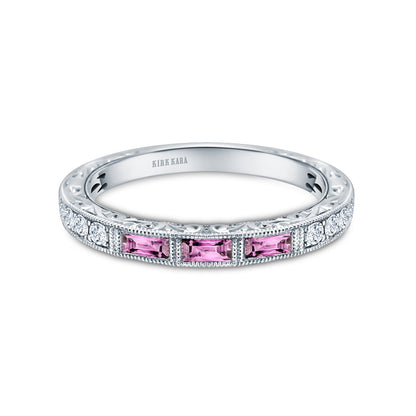Baguette Engraved Pink Sapphire Diamond Wedding Band