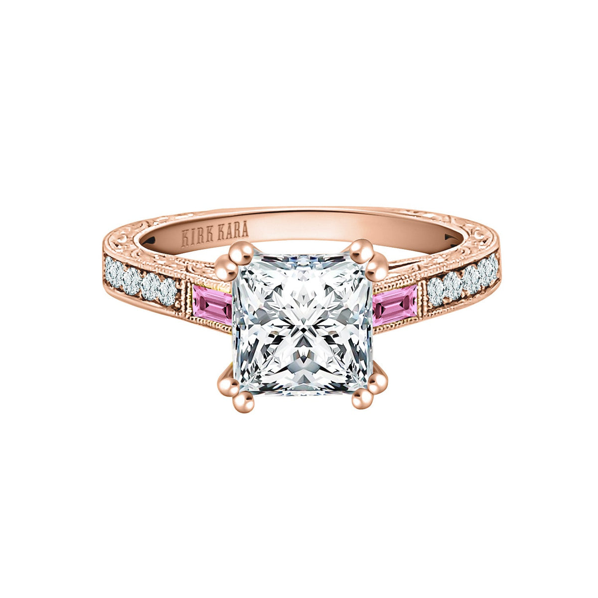 Baguette Engraved Pink Sapphire Diamond Engagement Ring