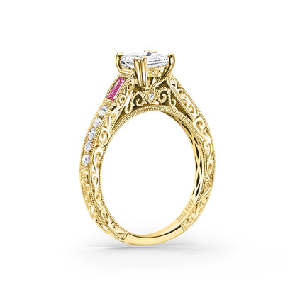 Baguette Engraved Pink Sapphire Diamond Engagement Ring