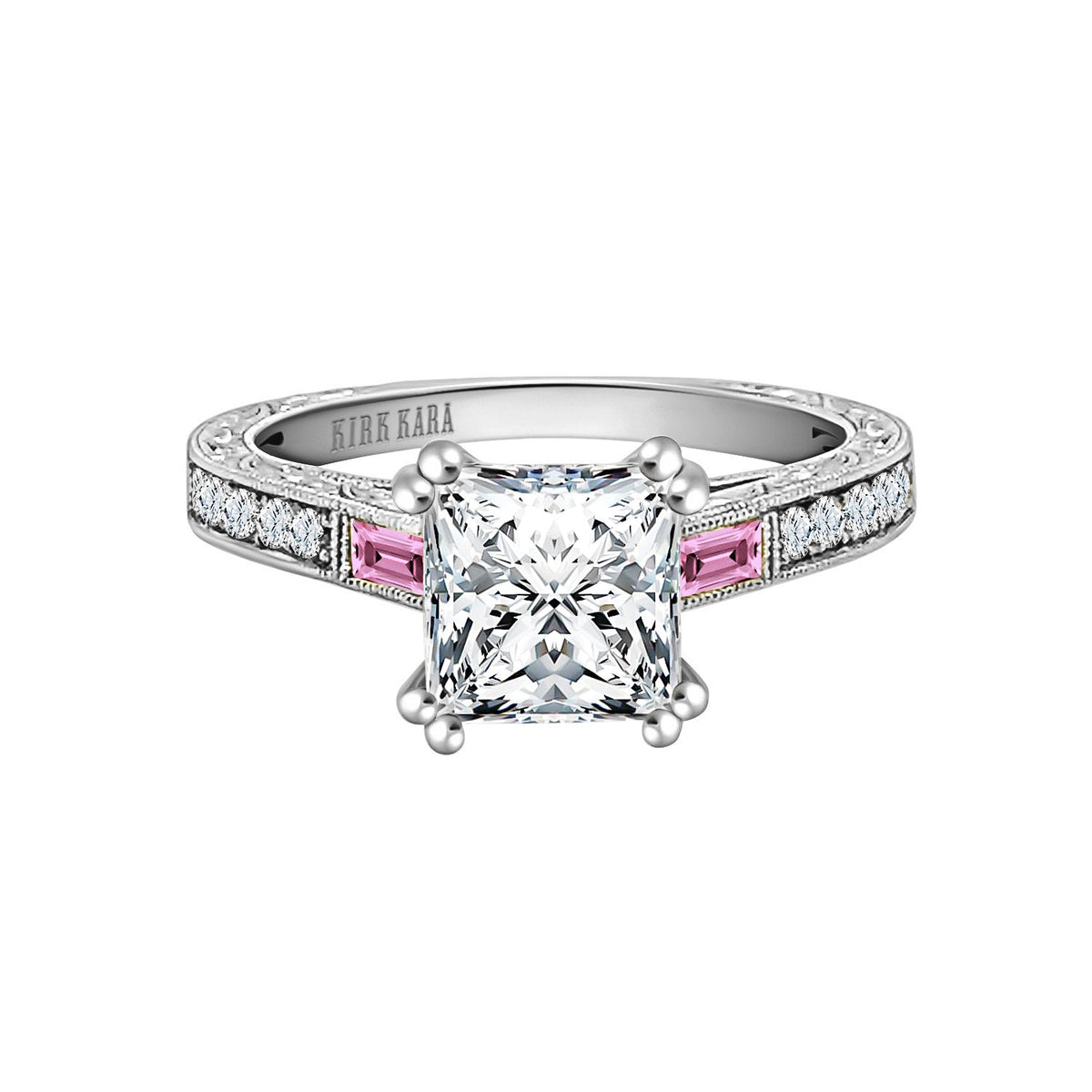 Baguette Engraved Pink Sapphire Diamond Engagement Ring
