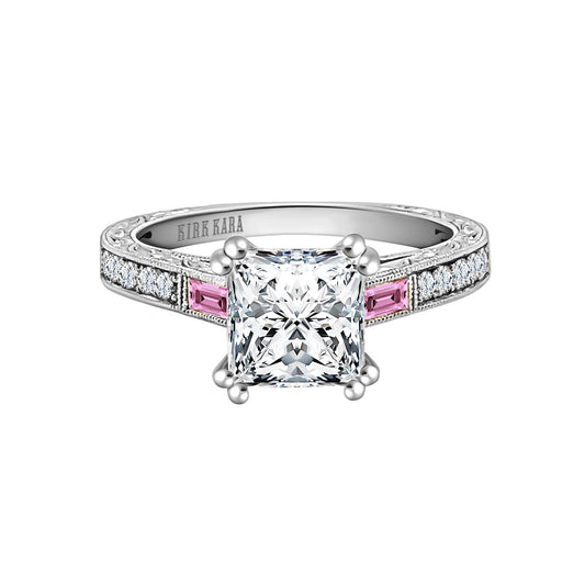 Baguette Engraved Pink Sapphire Diamond Engagement Ring