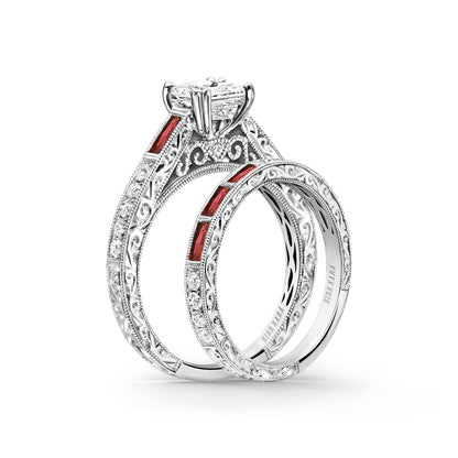 Baguette Engraved Ruby Diamond Wedding Band