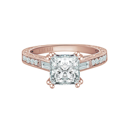 Baguette Engraved Diamond Engagement Ring