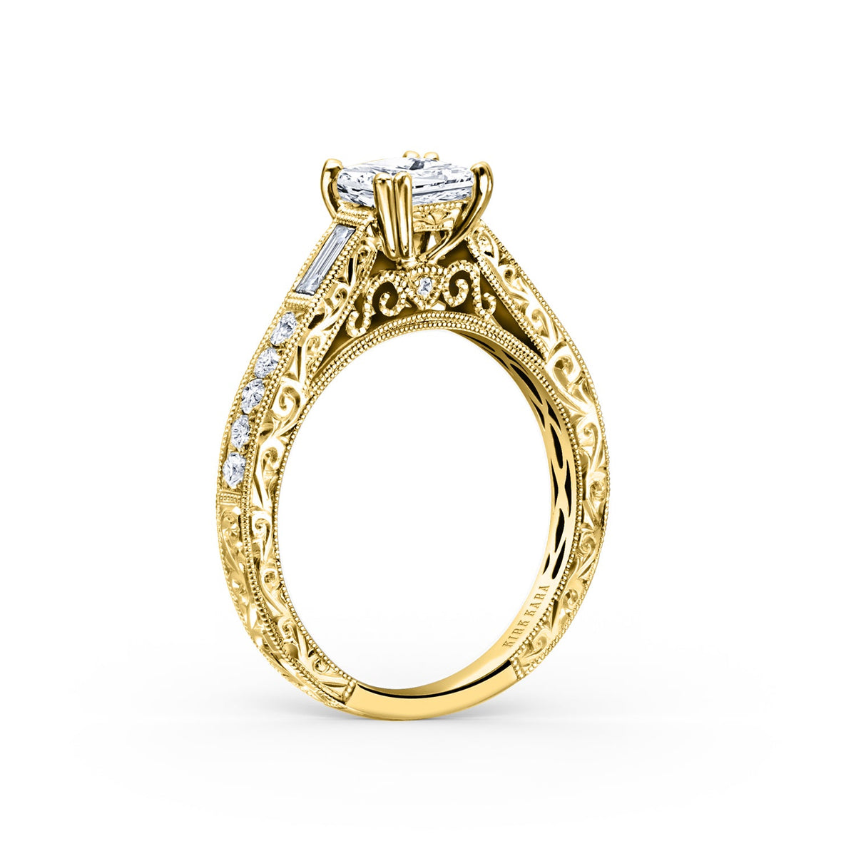 Baguette Engraved Diamond Engagement Ring