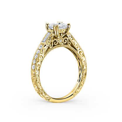 Baguette Engraved Diamond Engagement Ring