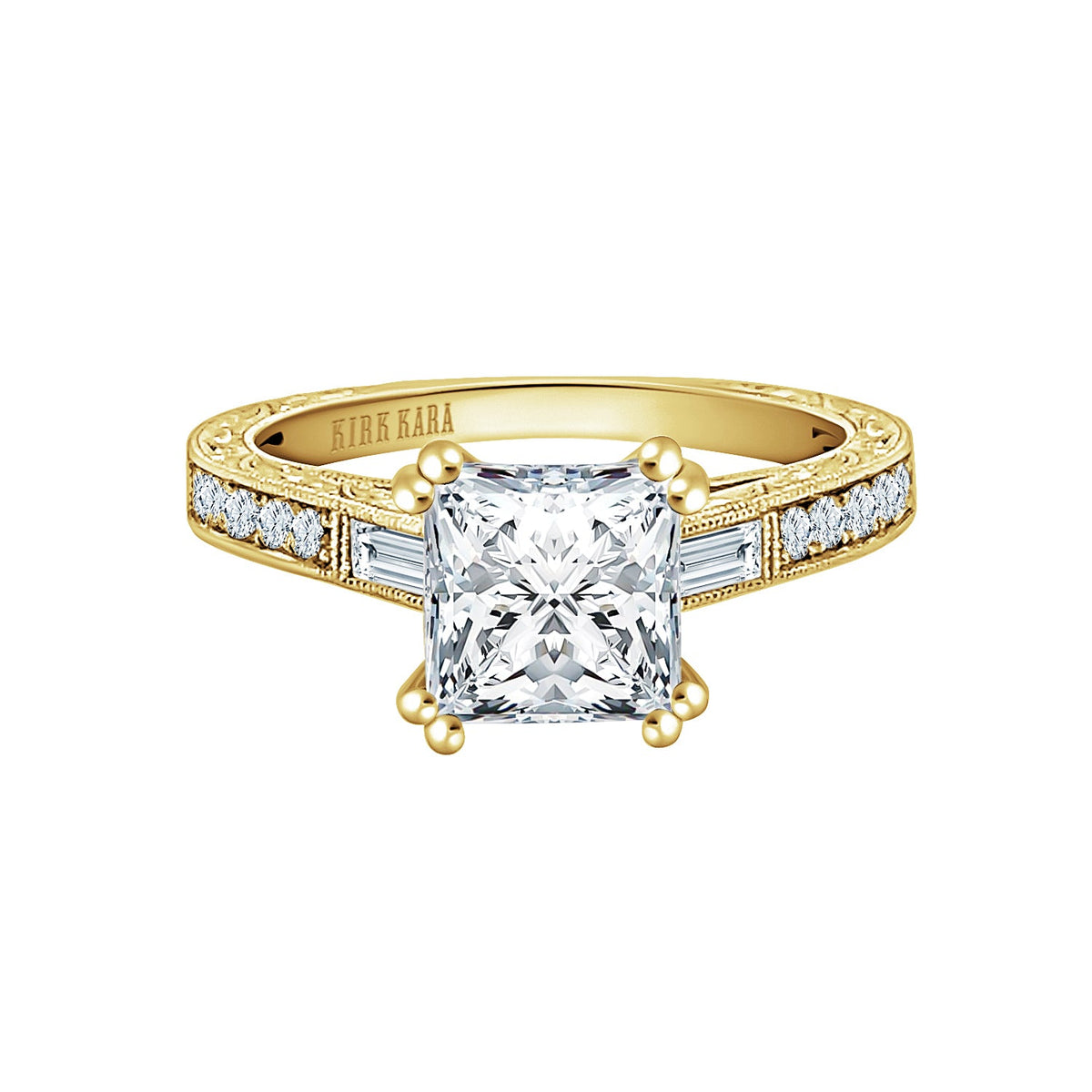 Baguette Engraved Diamond Engagement Ring