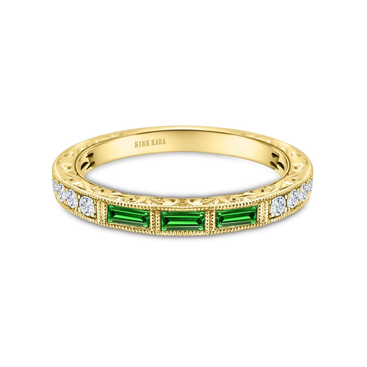 Baguette Engraved Tsavorite Diamond Wedding Band