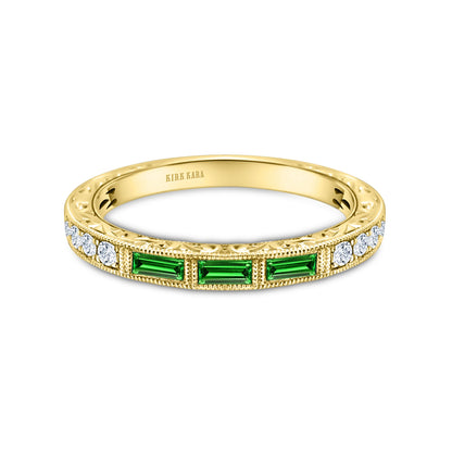 Baguette Engraved Tsavorite Diamond Wedding Band