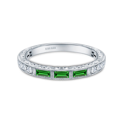 Baguette Engraved Tsavorite Diamond Wedding Band