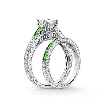 Baguette Engraved Tsavorite Diamond Wedding Band