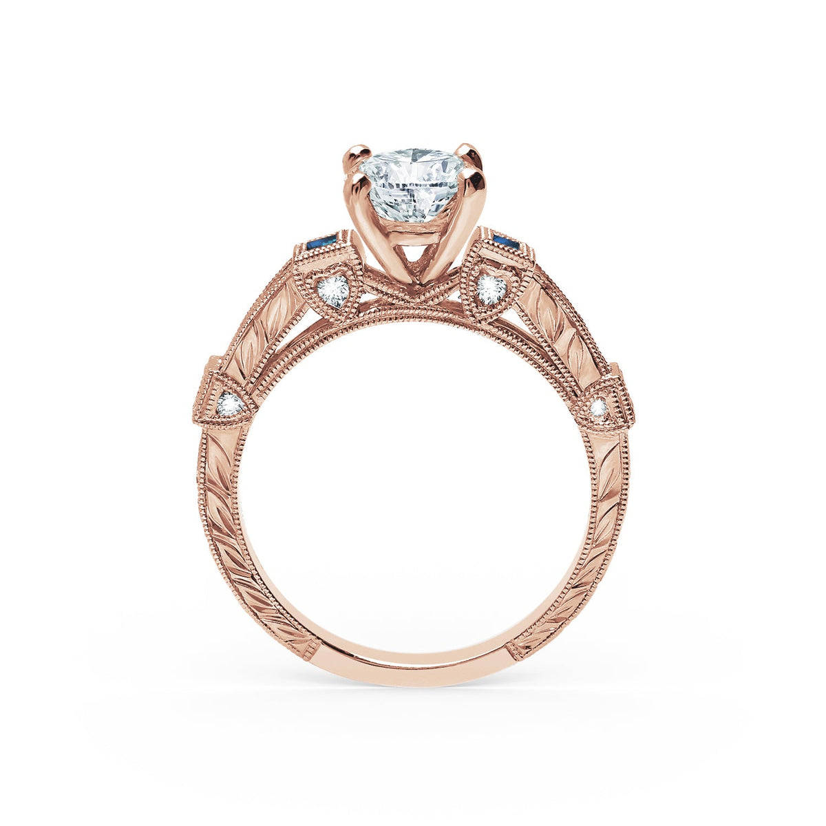 Modern Channel Set Engraved Blue Sapphire Diamond Engagement Ring