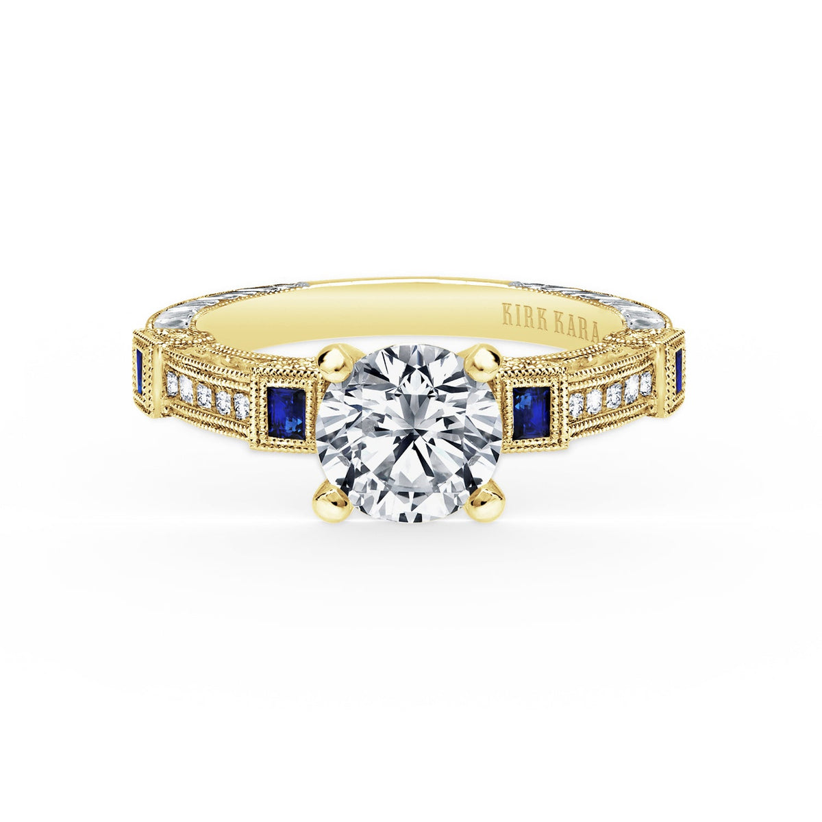 Modern Channel Set Engraved Blue Sapphire Diamond Engagement Ring