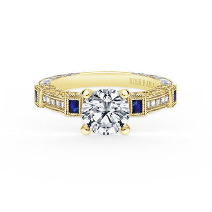 Modern Channel Set Engraved Blue Sapphire Diamond Engagement Ring