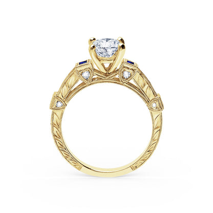 Modern Channel Set Engraved Blue Sapphire Diamond Engagement Ring
