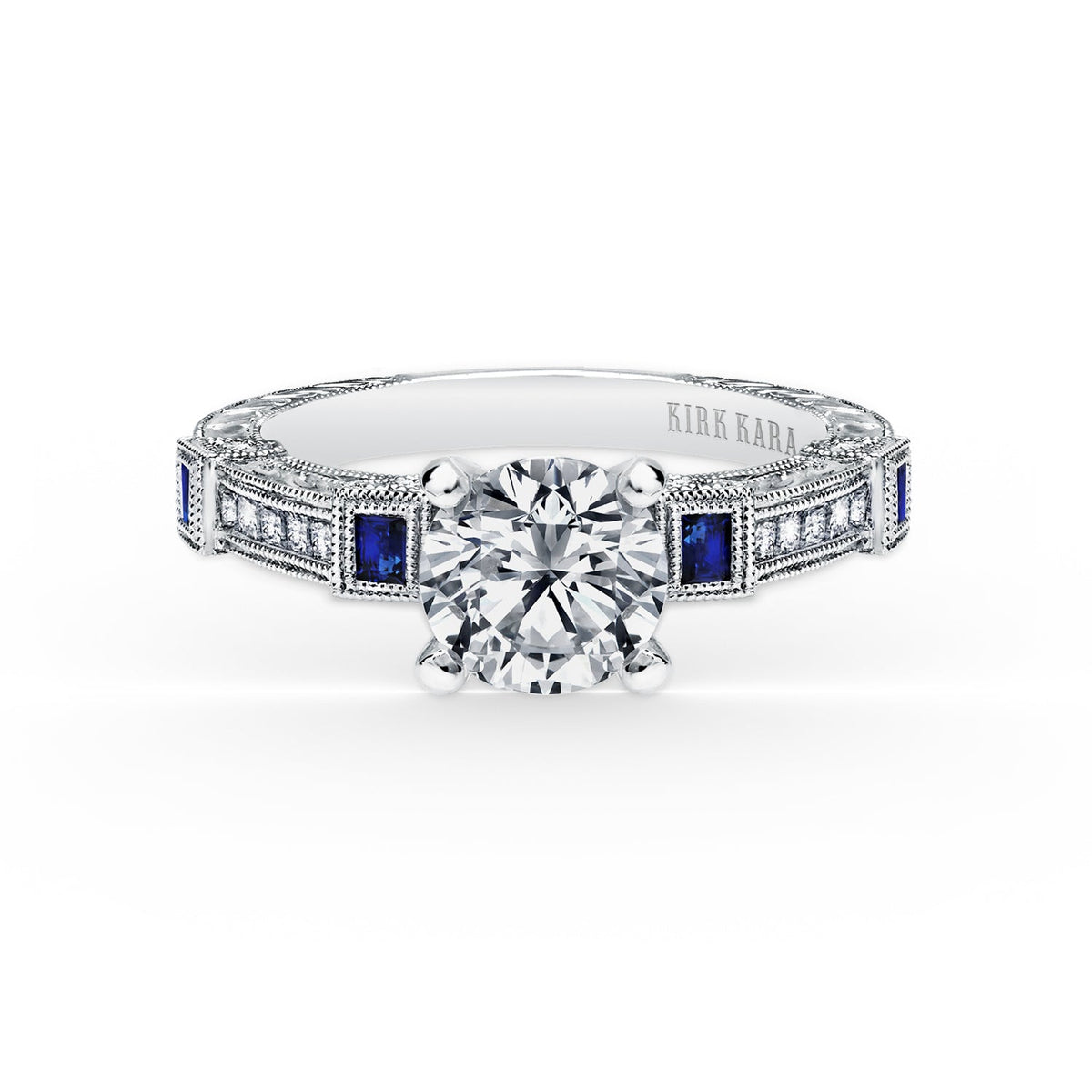 Modern Channel Set Engraved Blue Sapphire Diamond Engagement Ring