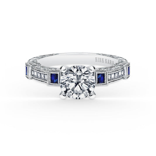 Modern Channel Set Engraved Blue Sapphire Diamond Engagement Ring