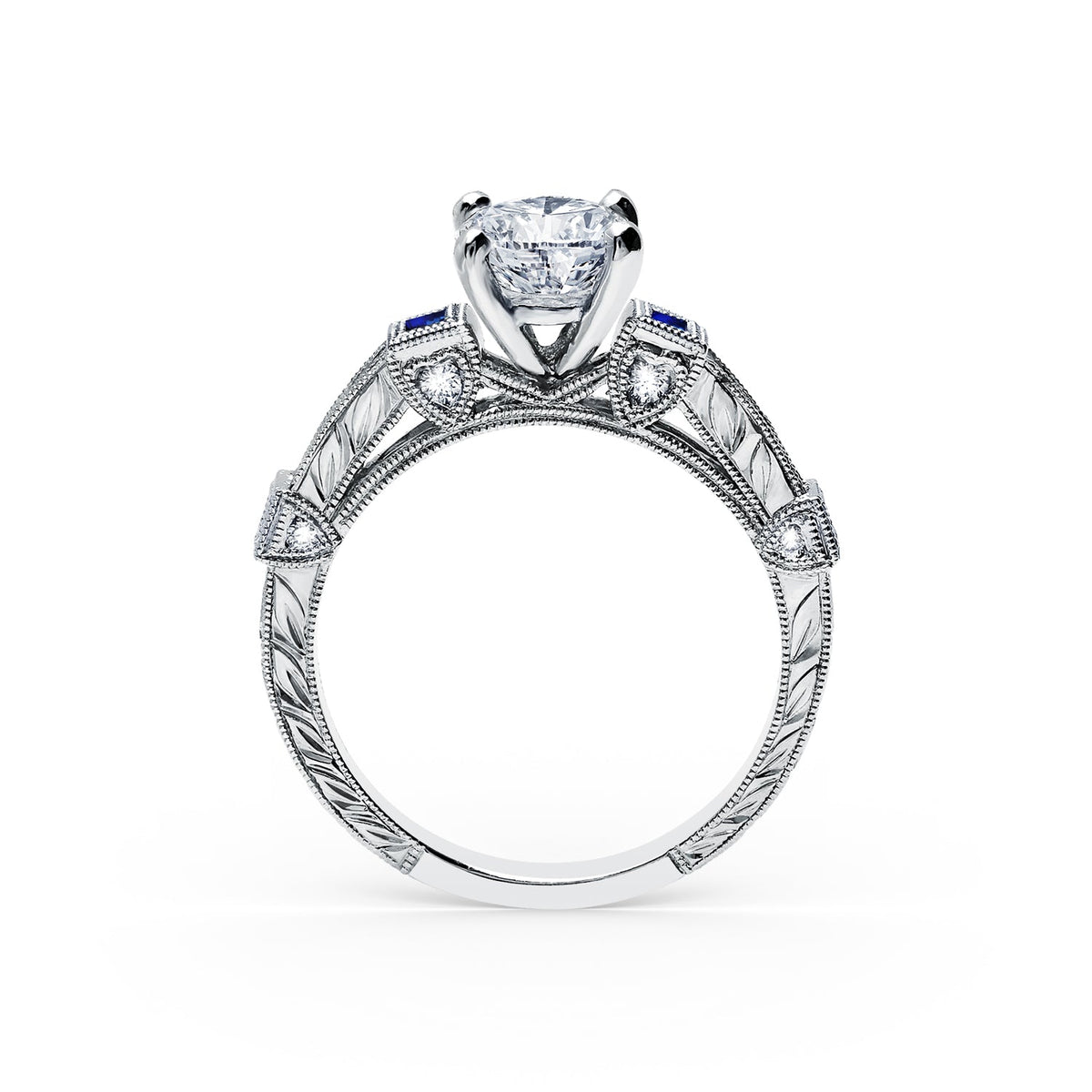 Modern Channel Set Engraved Blue Sapphire Diamond Engagement Ring
