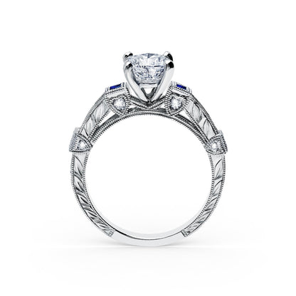 Modern Channel Set Engraved Blue Sapphire Diamond Engagement Ring