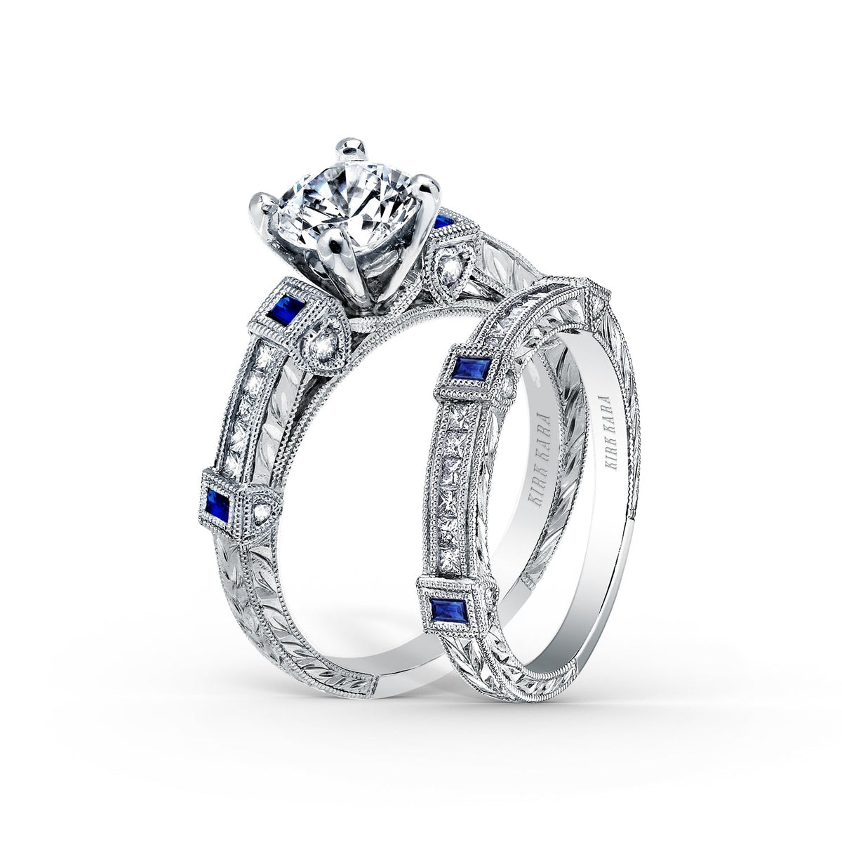Modern Channel Set Engraved Blue Sapphire Diamond Engagement Ring