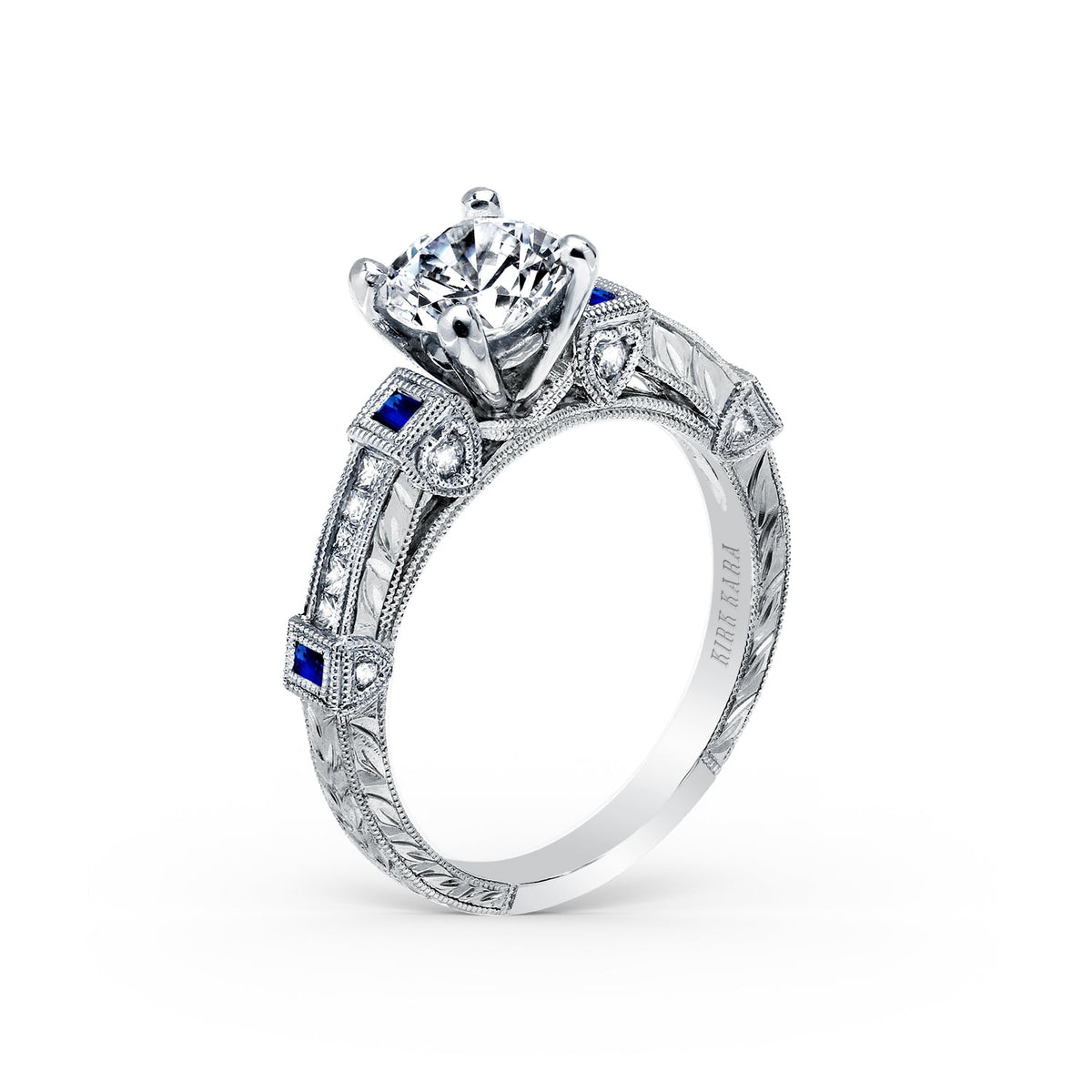 Modern Channel Set Engraved Blue Sapphire Diamond Engagement Ring
