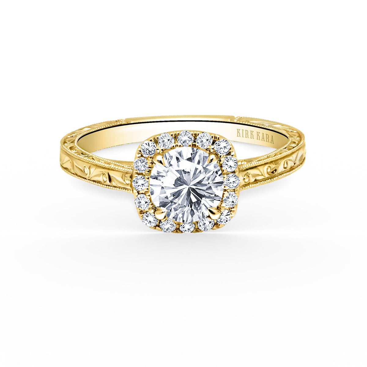 Classic Scroll Engraved Halo Diamond Engagement Ring