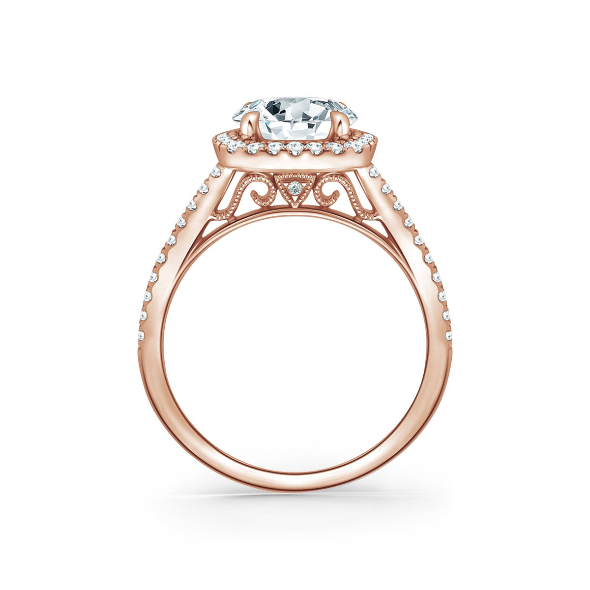 Classic Prong Set Halo Diamond Shank Engagement Ring