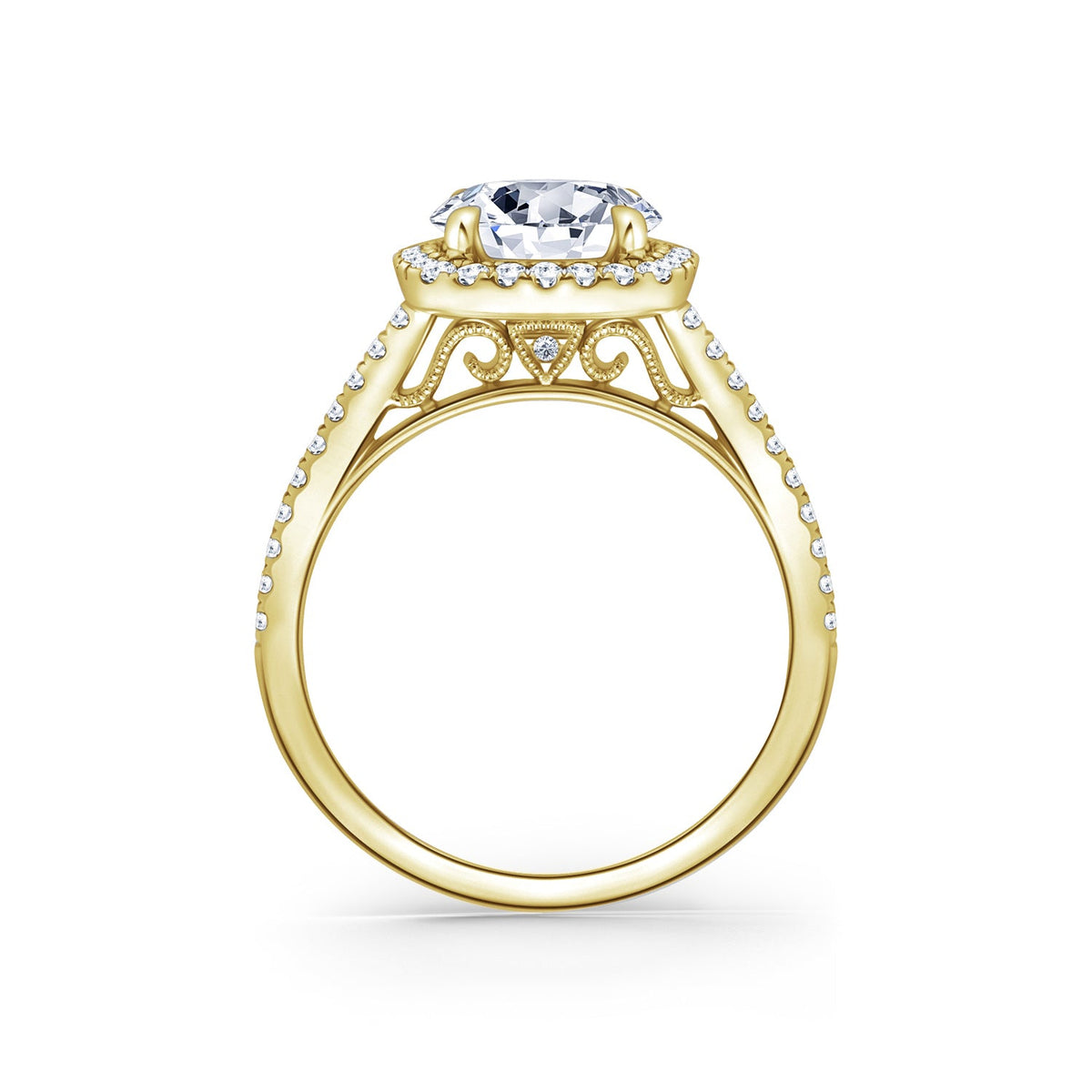 Classic Prong Set Halo Diamond Shank Engagement Ring