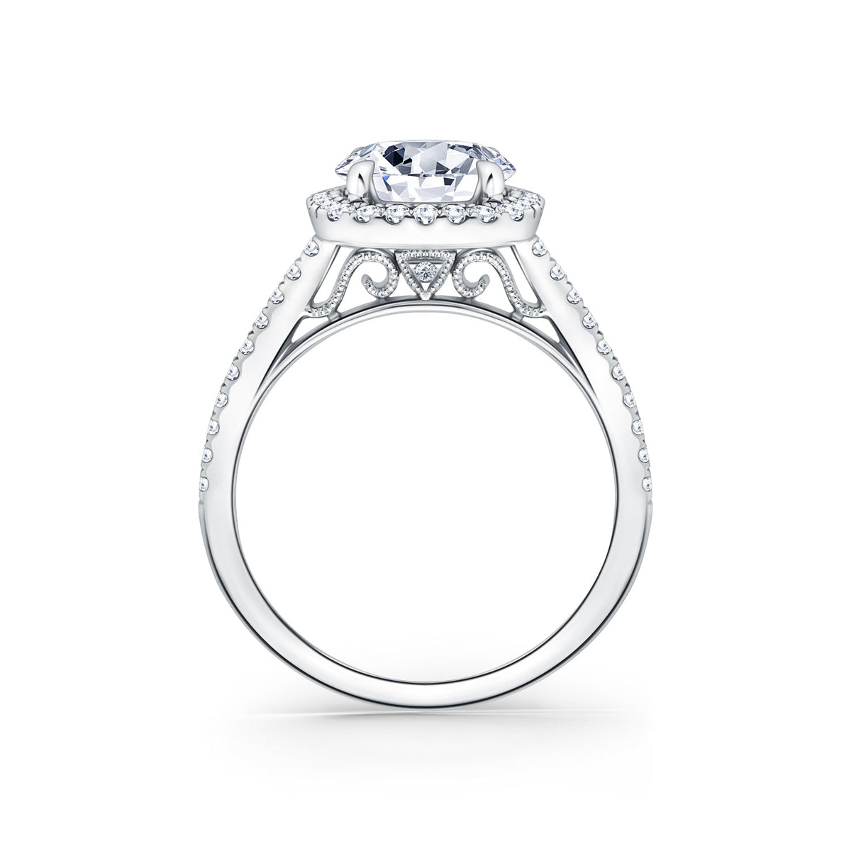 Classic Prong Set Halo Diamond Shank Engagement Ring