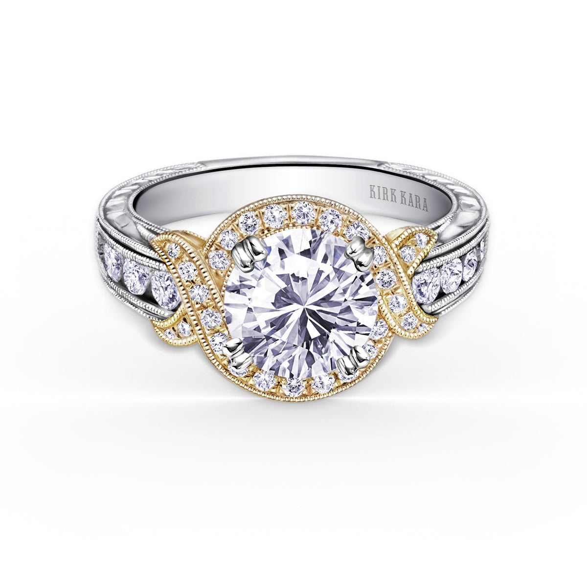 Halo Engraved Channel Set Milgrain Diamond Engagement Ring