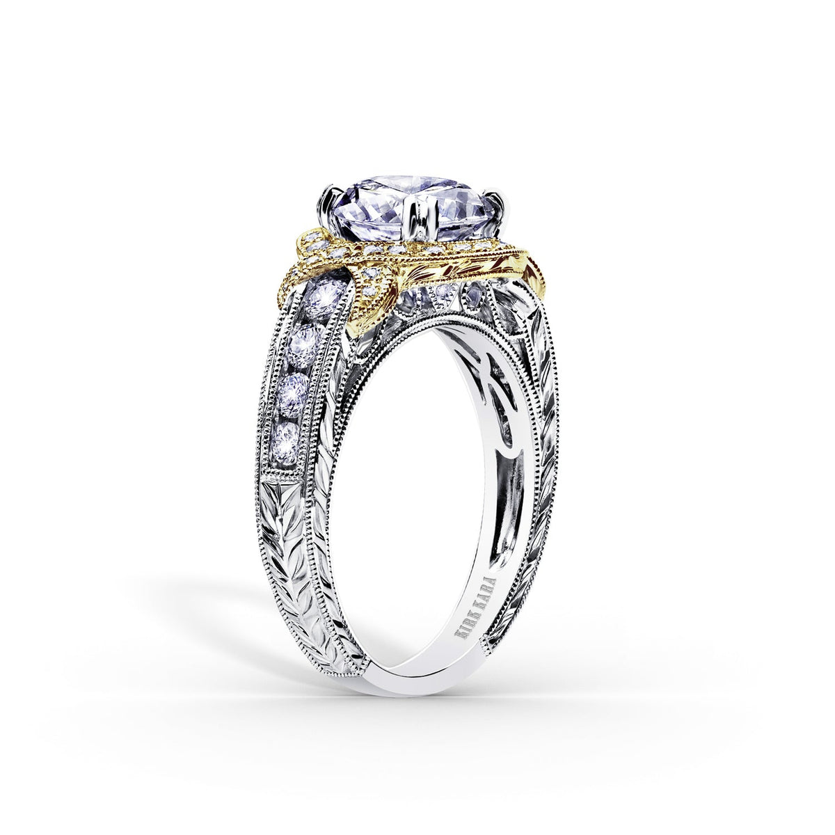 Halo Engraved Channel Set Milgrain Diamond Engagement Ring