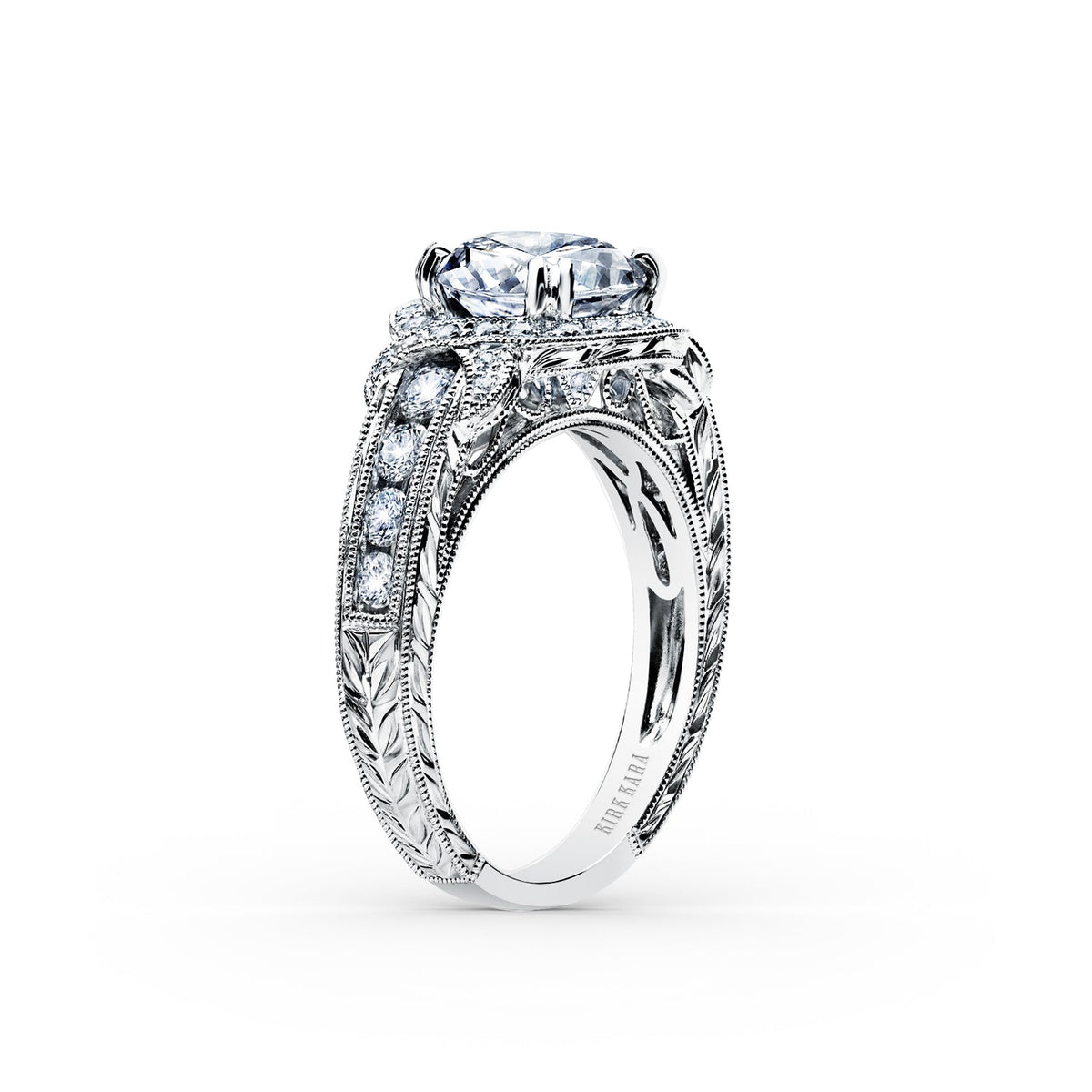 Halo Engraved Channel Set Milgrain Diamond Engagement Ring