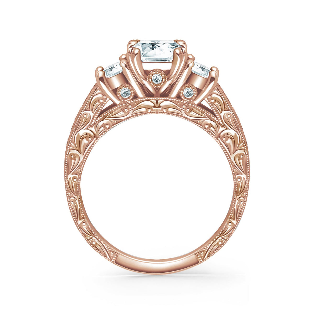 Three Stone Engraved Baguette Accent Diamond Engagement Ring